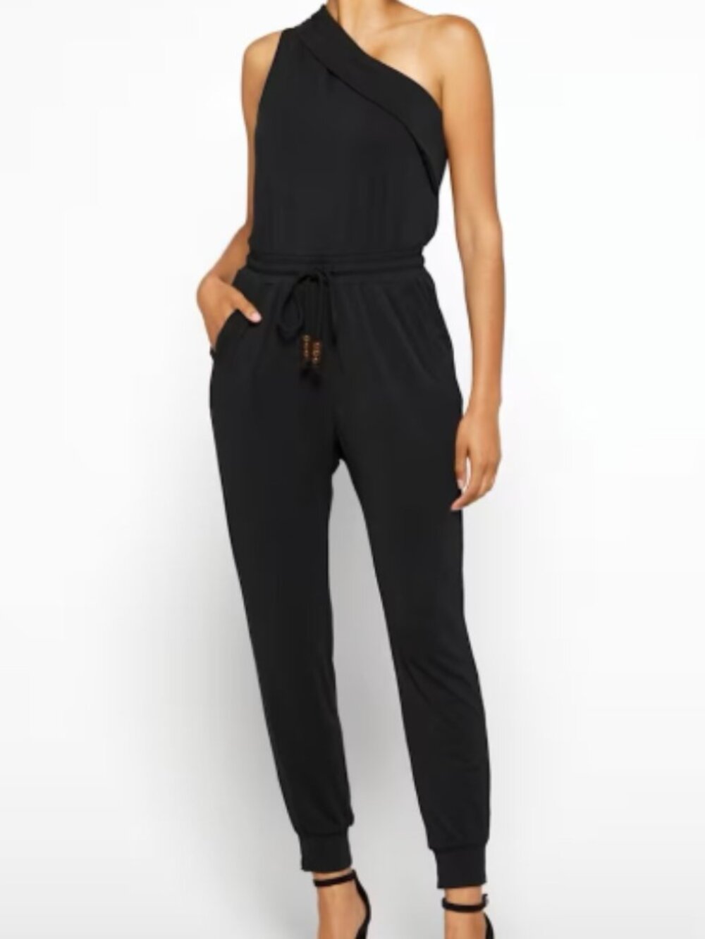 Heartloom One Shoulder Black Jumpsuit Jersey Knit Stretch Beaded Size Medium